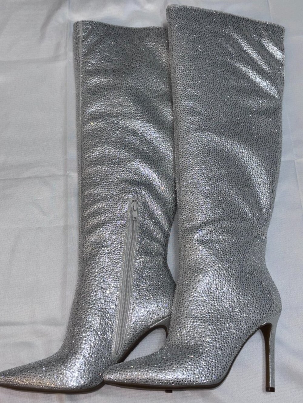 NIB INC Saveria Silver Rhinestone Bling Knee-High Stiletto Boots Women’s 6.5M